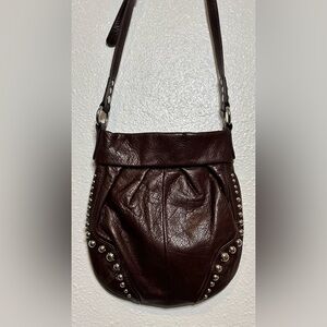 B. Makowsky Dark Brown Leather Crossbody Bag with Silver Studs
